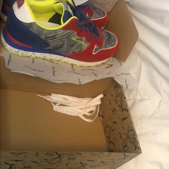 Karl Lagerfeld Red, Blue Suede and Gray Camouflage Sneakers - Picture 8 of 9